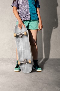 Skateboard mockup png, teenager girl in skatepark