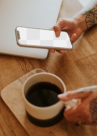 Woman holding phone mockup png screen