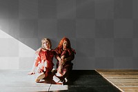 Wall mockup png, drag queens sitting on a black floor