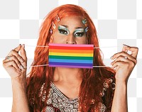 Drag queen png holding rainbow face mask in the new normal