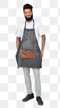 Cool man png, barber wearing apron, full body cut out