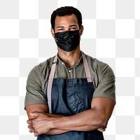 PNG man in apron, small business owner wearing black face mask, new normal lifestyle, half body cut out