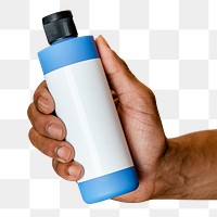 Blue bottle png, hand holding, beauty product packaging cut out