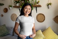 Top mockup png, transparent tee on Asian woman