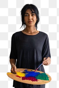 Woman artist png on transparent background, carrying color palette 