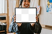 Digital tablet screen png mockup, woman artist showing her own drawing on the tablet 