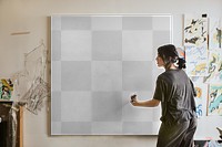 Canvas mockup png, woman artist painting on a transparent artwork 