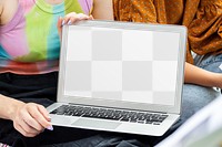 Laptop transparent screen png mockup, students working together