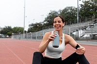 Thank top mockup png happy woman athlete drinking water and rest