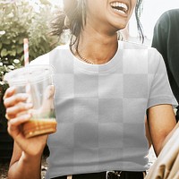 Png t-shirt on a happy woman carrying a cup of coffee