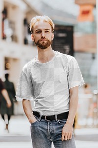 T-shirt transparent png mockup on beard hipster man