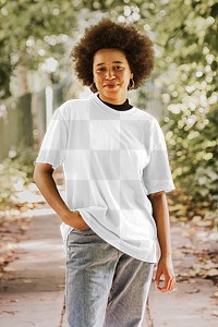 T-shirt png mockup on smiling woman model