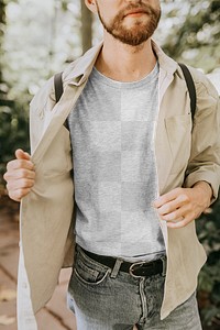 T-shirt transparent png mockup on beard hipster man with jacket on top 