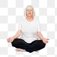 Senior woman png meditating cut out on transparent background