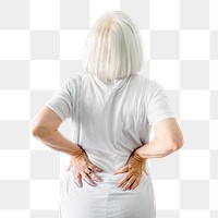 Senior woman png cut out, back pain symptom on transparent background