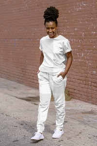 Women’s streetwear png, transparent mockup, tee and jogger pants, apparel design