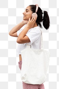 Woman png, listening to music, white tote bag, summer apparel fashion