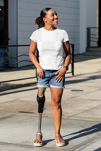 Tshirt mockup png, happy African American amputee woman