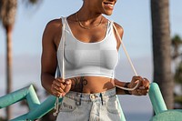 Tank top png mockup, African American woman at the beach