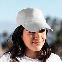 Transparent cap mockup png, Latina woman by the beach