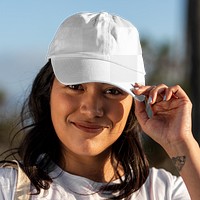 Transparent cap mockup png, Latina woman tipping her hat