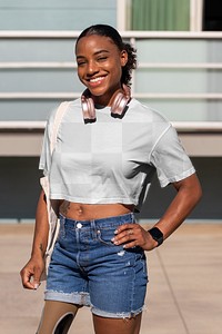 Crop top mockup png, happy amputee woman posing 