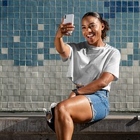 Tshirt png mockup, confident amputee woman on a video call