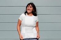 Customizable tee png mockup, transparent casual apparel on a confident Latina woman