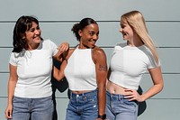 Casual apparel mockup png, transparent tshirt & crop top, three mixed race girlfriends