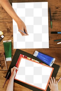 Paper png mockup, kids art class, flat lay