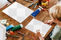 Paper png mockup, kids art class, aerial view