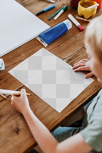 Paper png mockup, kids art class, aerial view