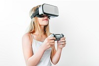 VR headset png mockup, girl playing game, entertainment technology