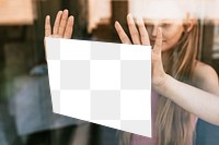 Sign png mockup, girl showing paper through glass window