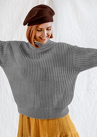 PNG women's sweater mockup, beret transparent, autumn apparel fashion design