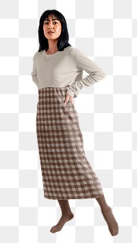 PNG woman in plaid dress, full body, autumn apparel fashion design