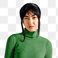 Woman png, wearing green turtleneck sweater, autumn apparel fashion design