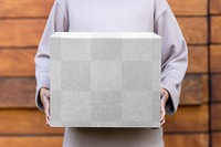 Box mockup png, woman carrying delivery package