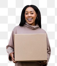 Happy woman png carrying box, transparent background