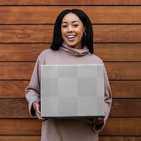 Box mockup png, woman carrying delivery package