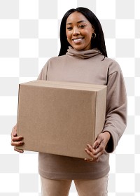 African woman png carrying package, transparent background