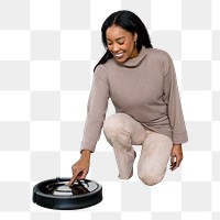 Woman using png robot vacuum cleaner, transparent background