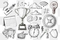 Png business objects clipart set black and white