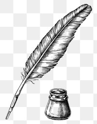 Hand drawn quill pen with an inkwell transparent png
