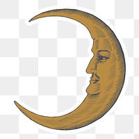 Hand drawn crescent moon with face sticker with a white border design element