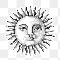 Hand drawn sun with a face sticker with a white border design element