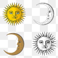 Hand drawn sun and crescent moon with a face design element set 