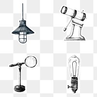 Hand drawn vintage light bulb and telescope sticker design element set