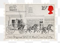 Vintage UK stamp png with Bath mail coach of 1784, transparent background collage sticker