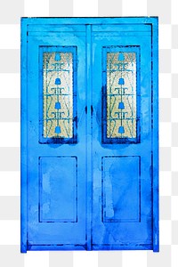 Blue French door png clipart, watercolor illustration